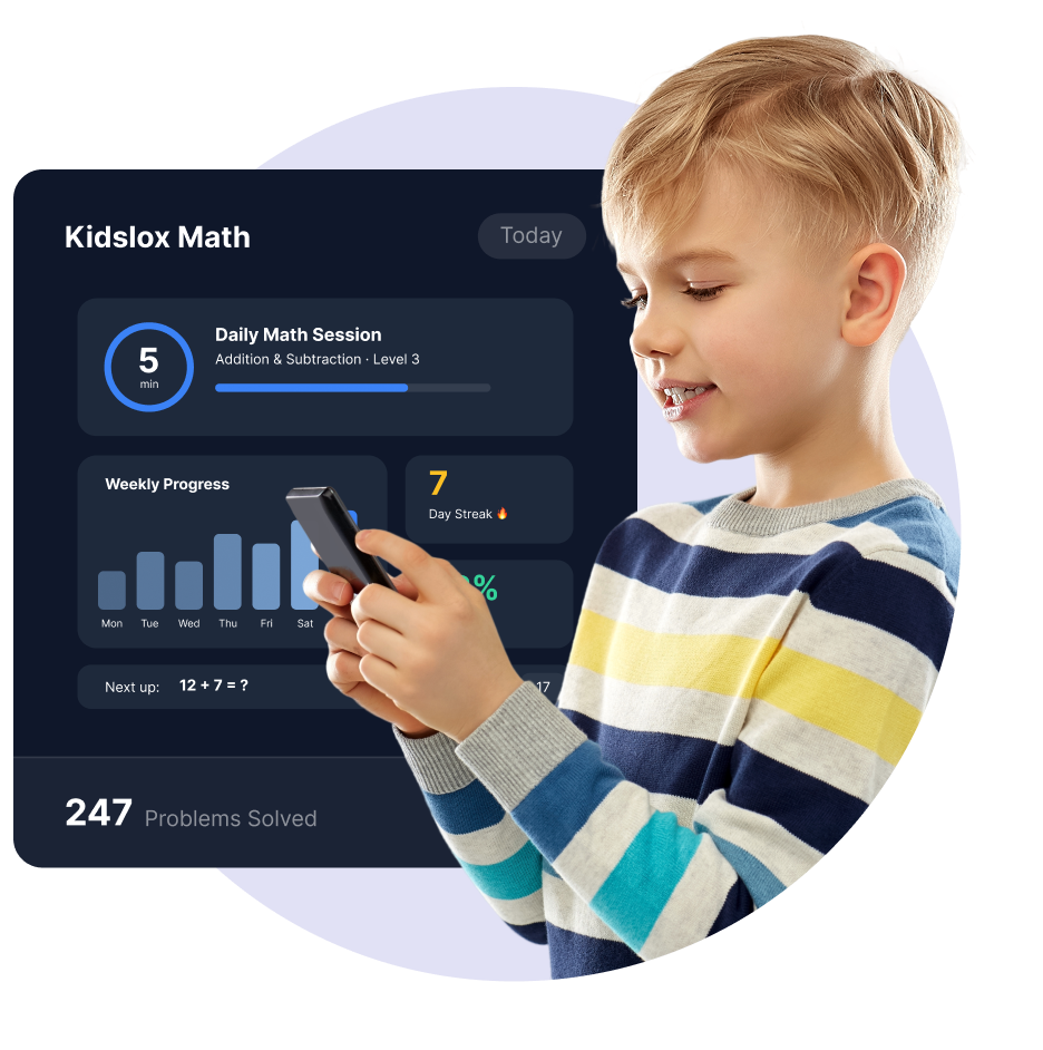 A child practicing math on the Matharoo app and earning a daily streak